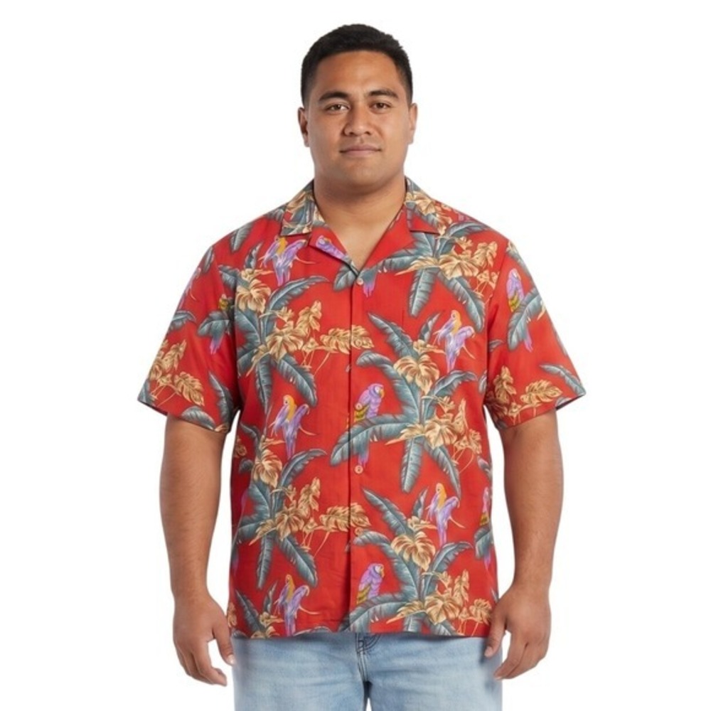 VTG Paradise Found Parrot Aloha Camp Shirt Large Red 100% Cotton Made in Hawaii